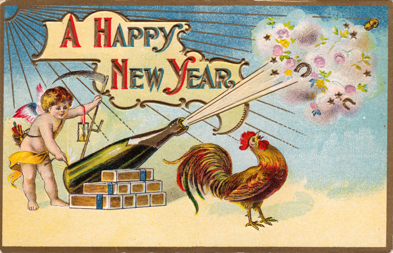 Новогодняя открытка с петушком ретро