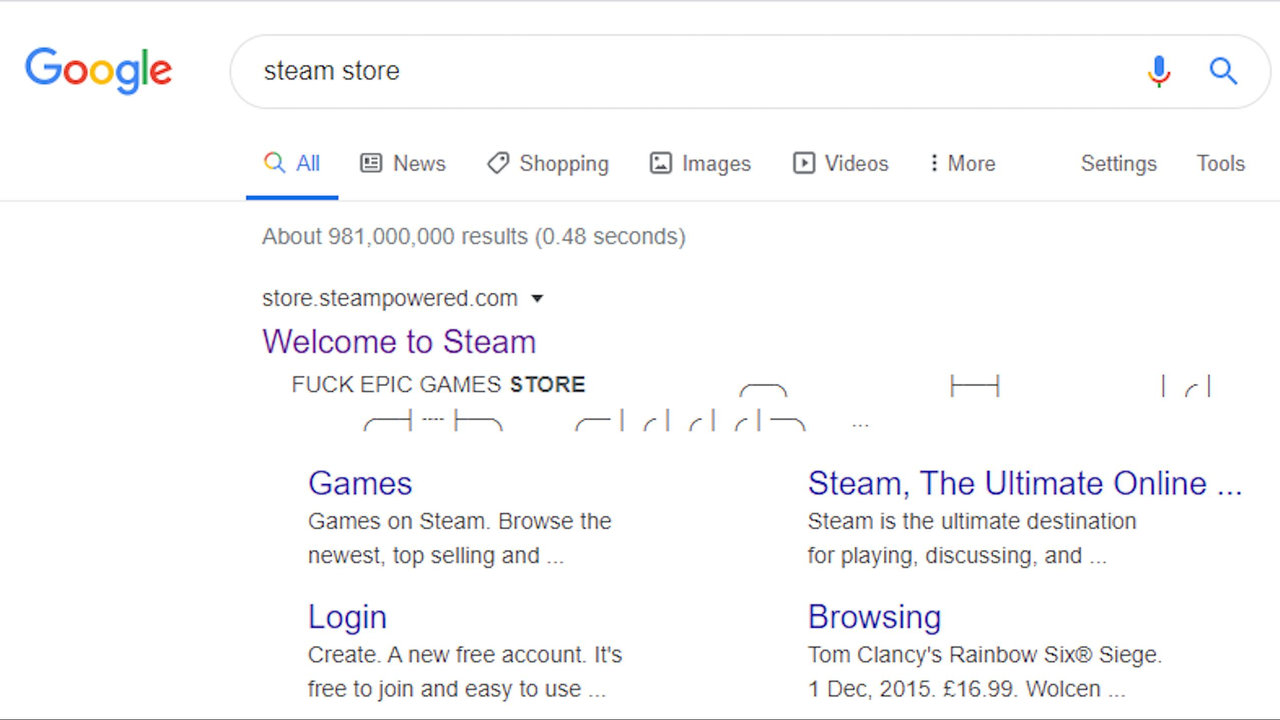 По поиску Steam Store в Google показали грубое оскорбление EGS